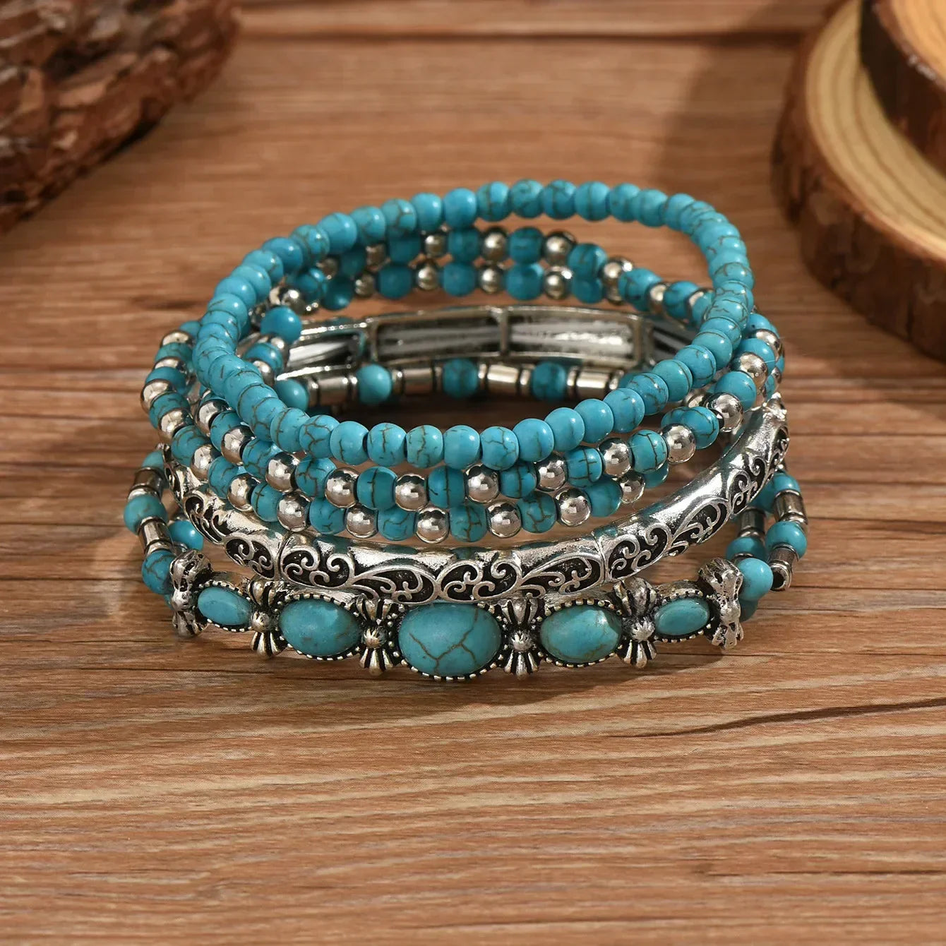 SET DI BRACCIALI BOHO CON PERLINE TURCHESI